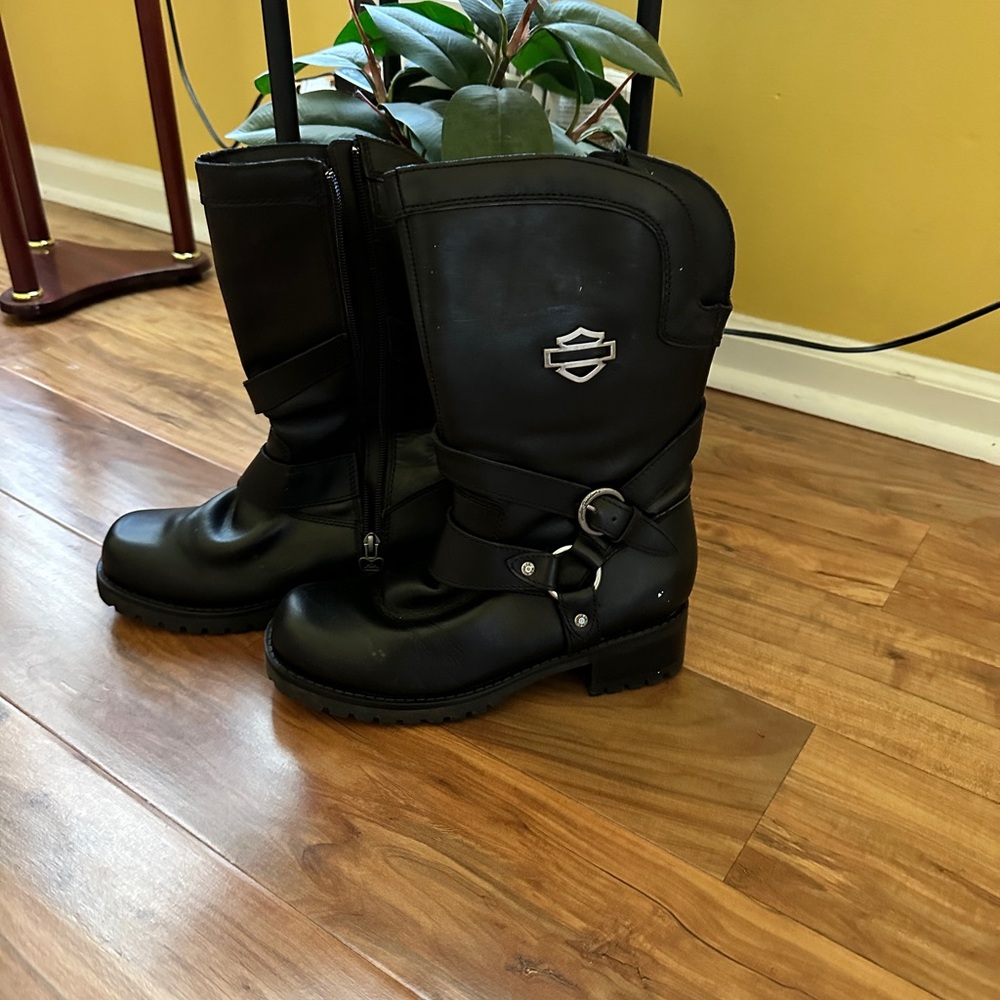 Harley-Davidson Black Leather Moto Boots with Buckle Straps